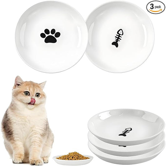 3 Pack Cat Food Bowl Ceramic Cat Bowls for Indoor Cats Plates Anti Whisker Fatigue Bowl Set，5.9 inch Wide Shallow Ceramic Cats Dishes for Food and Water (Cat's Paw+Fishbone)