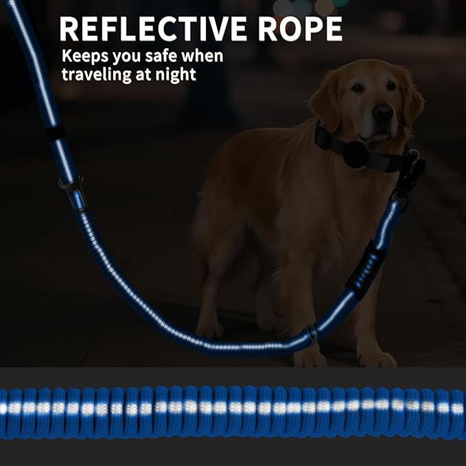 Heavy Duty Tactical Dog Leash, 4-6FT Shock Absorbing Bungee Lead with 2 Padded Handles, Metal Carabiner & Seatbelt Clip, Reflective No-Pull Leash for Medium/Large Dogs (Blue)