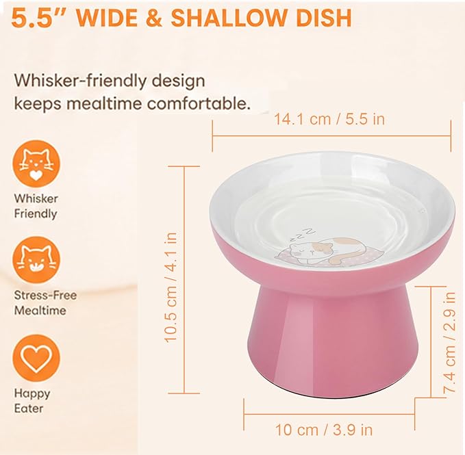 Raised Cat Food Bowl – Ceramic Elevated Cat Bowl for Whisker & Neck Fatigue,Non-Slip & Anti Vomiting Pet Feeder for Kittens to Adult Cats and Small Dogs,Dishwasher Safe(Pink)