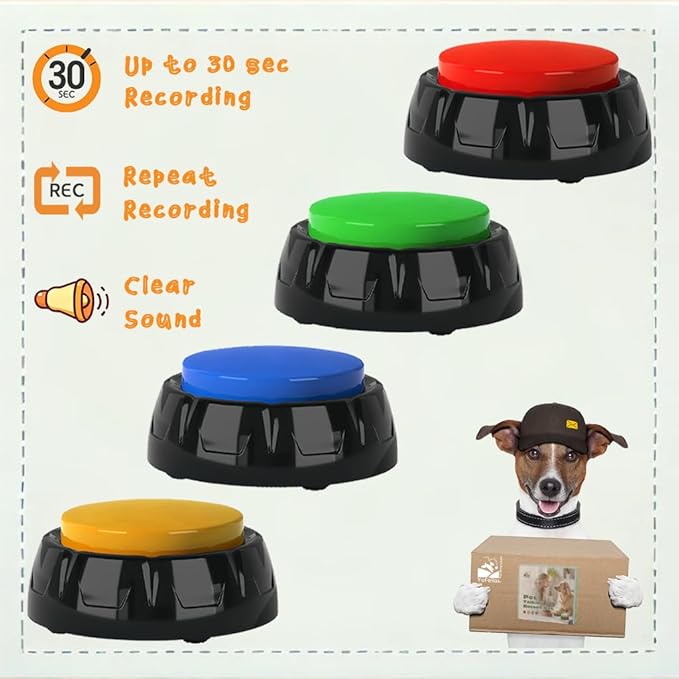 YoFellas Pet Communicator Button - 4 Pack | Interactive Voice Buttons for Dogs | Training & Communication Device with Customizable Recordings | Durable, Non-Slip Base | Multiple Colors