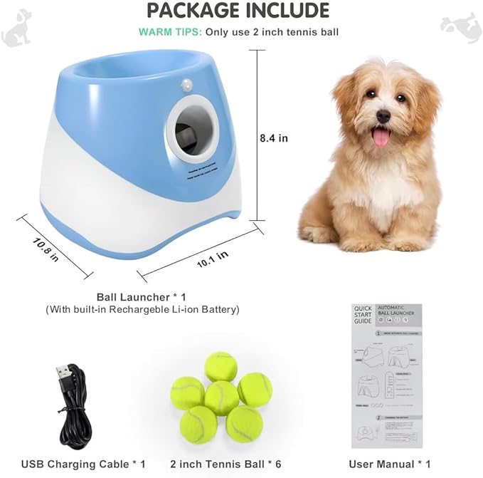 Automatic Dog Ball Launcher for Small & Medium Dogs, Interactive Dog Fetch Machine with 3 Distance Settings (10–30 ft), Mini Tennis Ball Thrower Includes 6 Balls, Indoor Outdoor Dog Toy - Blue