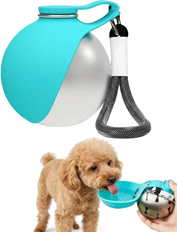 Portable Dog Water Ball, 2-in-1 Foldable Pet Water Bottle, Large-Capacity 304 Stainless Steel Cup with Foldable Silicone Bowl, Leak-Proof & Travel-Friendly, Suitable for Walks and Hiking (Blue1)
