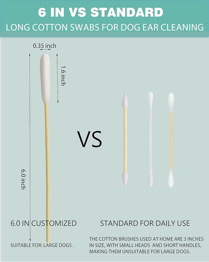 Dog Ear Cleaning Swabs 200 Count – 6 Inch Extra Long Bamboo Cotton Swabs for Dogs & Cats, Large Lint-Free Cotton Tipped Applicators for Ear Wax Removal, Tear Stains & Grooming
