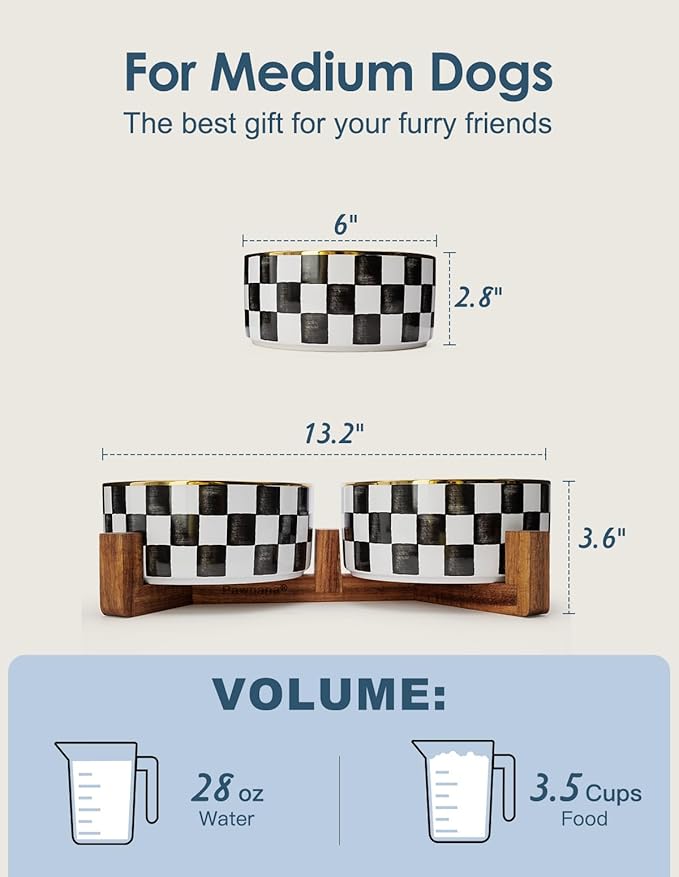 Ceramic Dog Bowls for Medium Dogs, 3.5 Cups Checkered Dog Food and Water Bowl with Acacia Wood Stand, Non-Slip Anti-Tip Elevated Feeding Station, Black and White
