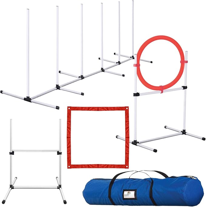 Dog Agility Training Equipment - 4 Piece Obstacle Course Includes Dog Jump, Tire Jump, Pause Box and Weave Poles with Carrying Case, Indoor or Outdoor Use