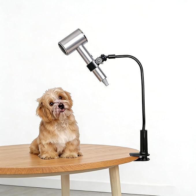 Dog Hair Dryer Stand，Adjustable Hands Free Hair Dryer Holder with 360°Rotatable Clamp for Pet Dog Cat Grooming(Black)