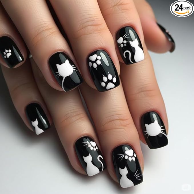 yefiuo Summer Press on Nails Short Square Black Fake Nails Press ons Cat Paws Glossy Acrylic False Nails Glue on Nails Reusable Nail Tips Kit Full Cover Stick on Nail Supplies for Women Girls 24Pcs