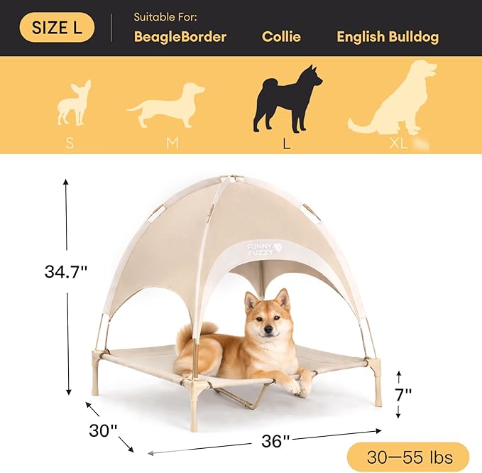 FUNNY FUZZY Elevated Dog Bed with Canopy for Large Dogs up to 120 lbs– Raised Dog Cot Bed with UV Shade,Waterproof,Breathable Mesh,Outdoor & Indoor Use,Portable,Khaki(36"×30"×7")