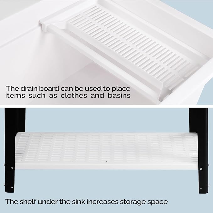 Bonnlo 37-Gallon Freestanding Utility Sink with Faucet, 36" Heightened Basin for Laundry, Garage, Outdoor Garden, Pet Wash, Heavy Duty Plastic Laundry Tub with Storage Shelf, 40"L×24"W×36"H (White)