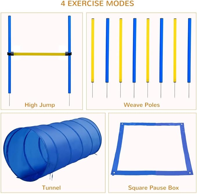 anwickjeff 4PC Dog Agility Training Equipment with Jump Hurdle, Tunnel, Pause Box, Weave Poles and Carrying Bag, Obstacle Course for Dogs Backyard Competitive (Yellow + Blue, 4 Piece)