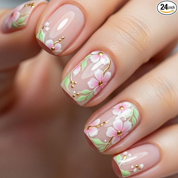 yefiuo Summer Press on Nails Short Square Pink Fake Nails Press ons Gilded Flowers Acrylic False Nails Glue on Nails Reusable Nail Tips Kit Full Cover Stick on Nail Supplies for Women Girls 24Pcs
