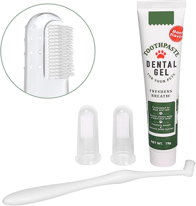 Pet Toothbrush Toothpaste Kit Dog Teeth Cleaning Cat Teeth Cleaning Dental Care Kit Pet Finger Toothbrush, Reduce Plaque & Tartar Buildup, Beef Flavor