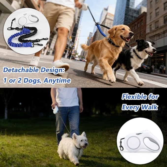 16.4ft Dual Retractable Dog Leash for Medium Dogs 35–55 lbs, USB Rechargeable LED Light, 360° Tangle-Free, Detachable Front Lead & Emergency Ready, Reflective Elastic(Black)