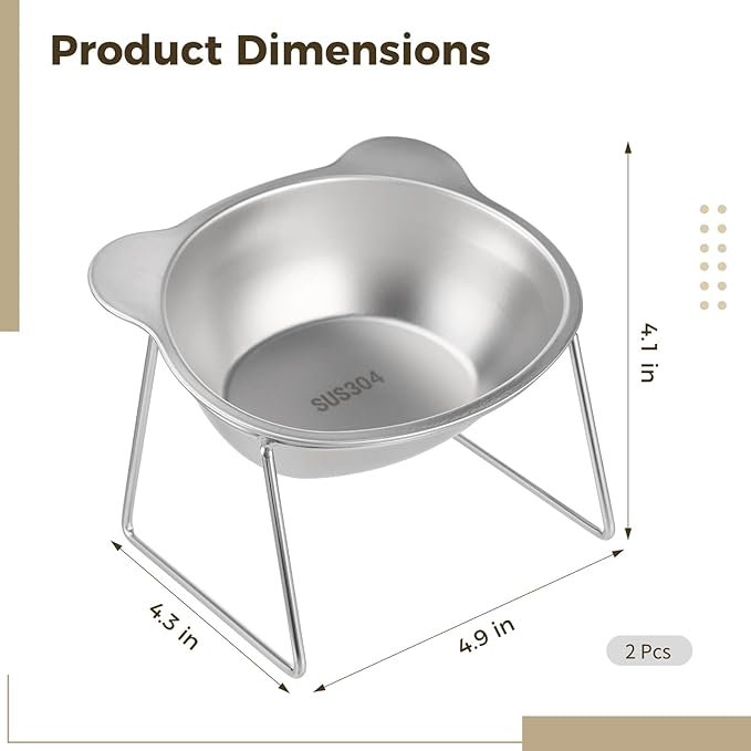 2 Pcs Elevated Cat Bowls, 304 Stainless Steel Tilted Food and Water Pet Feeder, 15° Neck Guard Design, Whisker Friendly, Non-Slip Base, 4.9 x 4.3 x 4.1 in for Small Cats, Dogs, Puppies