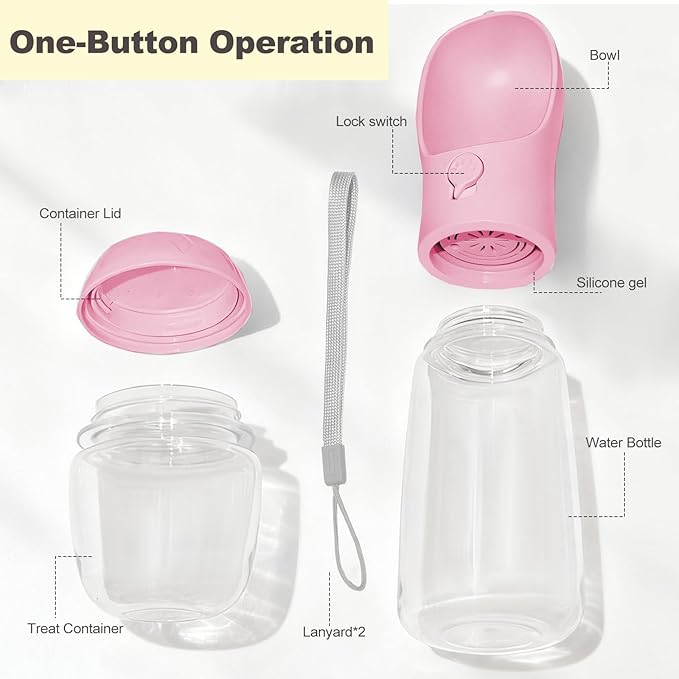 Portable Dog Water Bottle with Food Container, BPA Free Travel Water Bottle for Dogs, 2-in-1 Dispenser Drinking Feeder for Pets Walking, Hiking, Travel, Puppy Essentials, Pink, 19oz