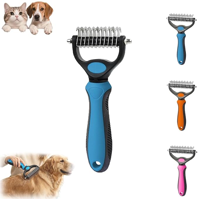 Pet Pro Grooming Tool, 2-in-1 Deshedding Dog Brush with 9/17 Teeth Undercoat Rake for Dogs & Cats, Dual-Sided Stainless Steel Pet Comb for Long Hair & Thick Coats, Non-Slip Ergonomic Handle (Blue-S)