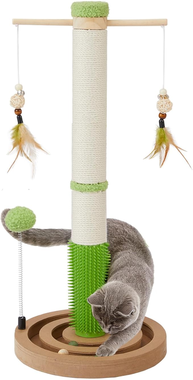 Cat Scratching Post, 26 Inch Tall Scratching Posts for Indoor Small Cats and Kittens, Sisal Cat Scratch Post with Hanging Toys, Rubber Brush and Double-Layer Interactive Wooden Ball Track