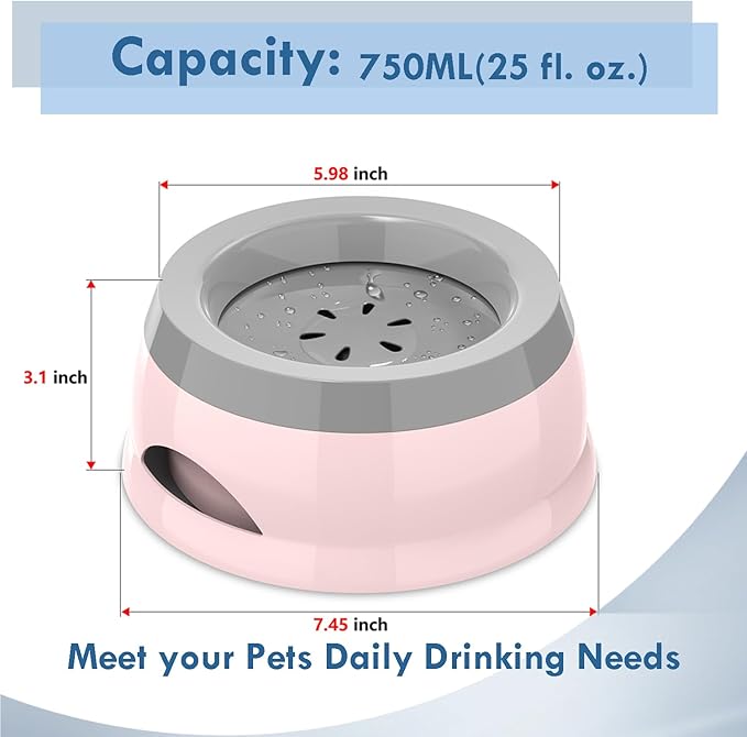 Dog Water Bowl, No Spill Cat Slow Feeder Water Dispenser Portable Vehicle Carried Car Travel Bowls for Small Medium Pets Sloppy Messy Drinkers 25oz, Pink