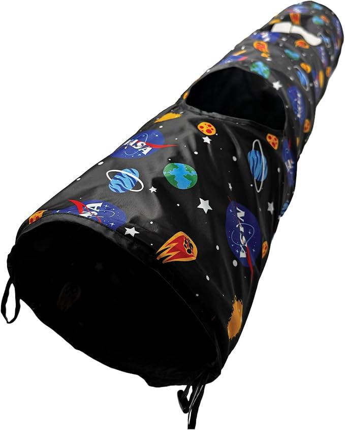 Pets First NASA Cat Tunnel Tube Toy with Plush Football Catnip and Feathers Collapsible Tunnel for Cats to Play, Peek and Hide, Fun Cat Tunnel Toy with NASA Logo All-Over Design!