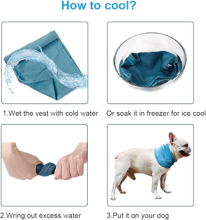 Dog Cooling Bandana Collar, Ice Instant Cooling Pet Bandana Scarf Collar for Small Medium Dogs, Breathable Ice Towels Bulldog Cats Ice Collar Summer Cooling Towel Neck Wrap with Leash Hole Blue