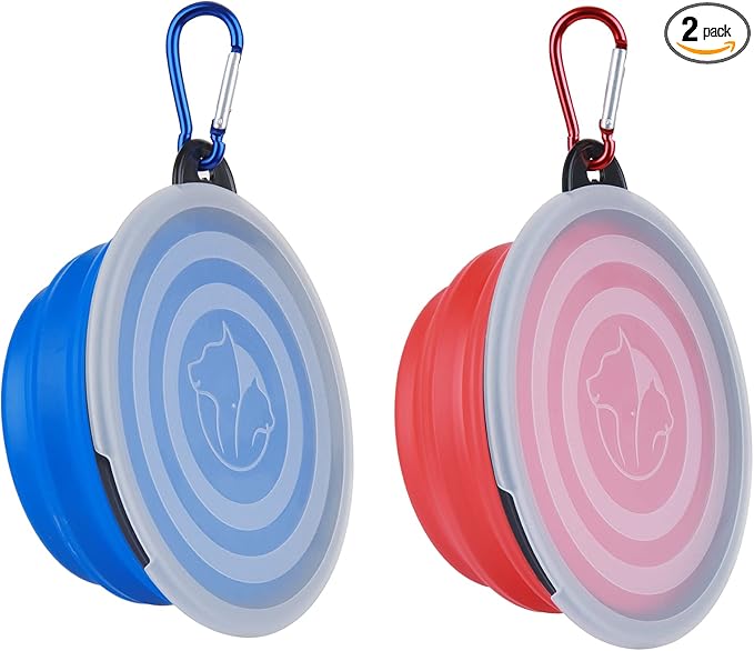 Collapsible Dog Bowl,2 Pack Portable and Foldable Pet Travel Bowls Collapsable Dog Water Feeding Bowls Dish for Dogs Cats and Small Animals,with Lids (Small, Blue+Red)