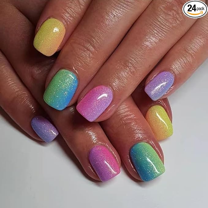 yefiuo Summer Press on Nails Short Square Ombre Fake Nails Press ons Rainbow Colors Acrylic False Nails Glue on Nails Reusable Nail Tips Kit Full Cover Stick on Nail Supplies for Women Girls 24Pcs