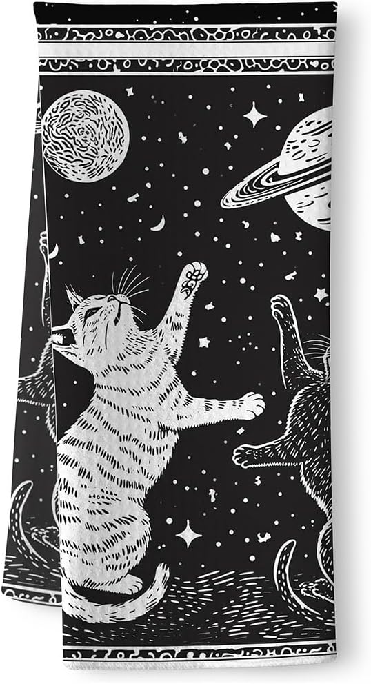 Cat Kitchen Towels - Quick-Dry Monochrome Star-Gazing Cats Art, Duo Obsidian & Ivory Silhouettes Hand Cloth for Celestial Pet Moms | Decorative Dish Towel & Ethereal Home Accent, Astronomical Gift