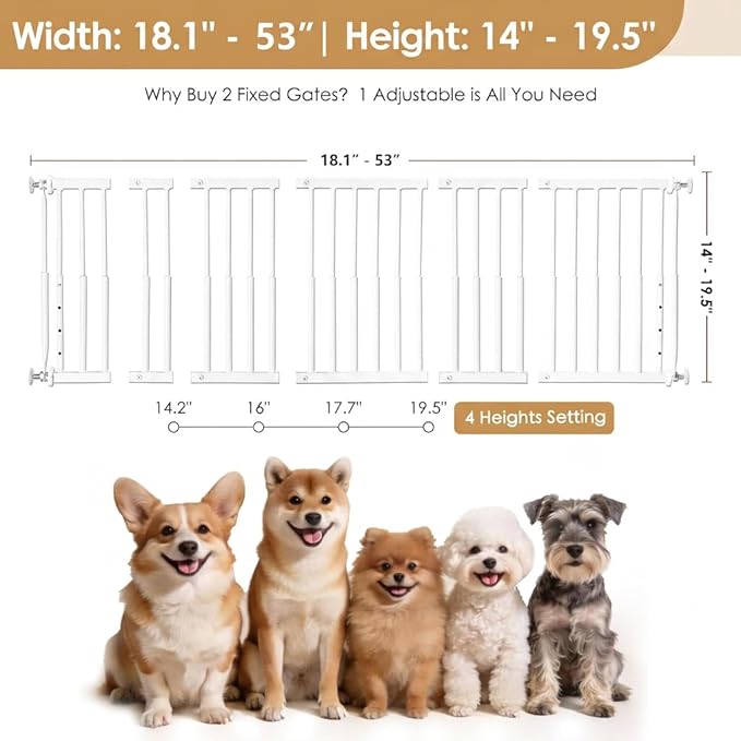 14''-19.5'' Height Adjustable Dog Gate, Extra Wide 18.1"-53" All Metal Short Dog Gate to Step Over, Pressure Mount Small Pet Puppy Gate for Stairs & Doorways(White)