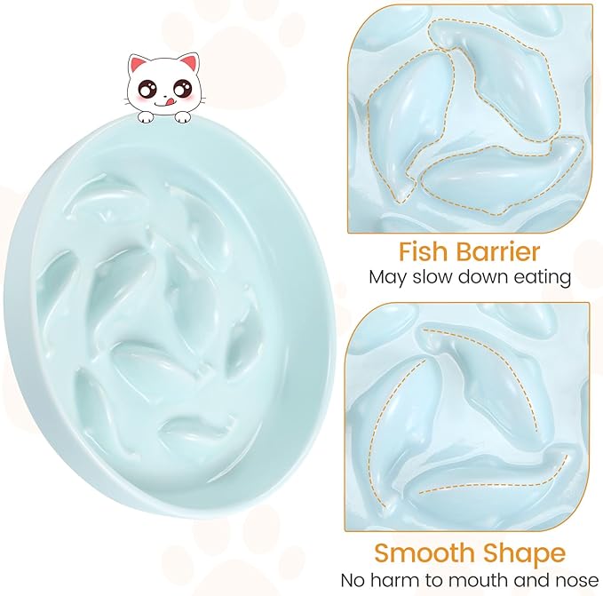 PETTOM Slow Feeder Cat Bowl with Stand, Ceramic Slow Eating Cat Bowl with Higher Edges Fish Pool Design Elevated Food Bowls for Dry and Wet Food Anti-Vomiting Puzzle Feeder for Healthy Eating Diet