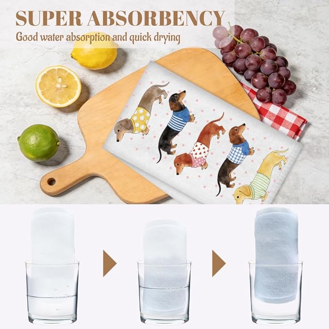 WADORN 4Pcs Dachshund Kitchen Hand Towels, 24 x 16 Inch Weiner Dog Decorative Kitchen Dish Tea Towels Soft Microfiber Absorbent Cute Dog Lovers Gifts for Home Bathroom Party Holiday Housewarming