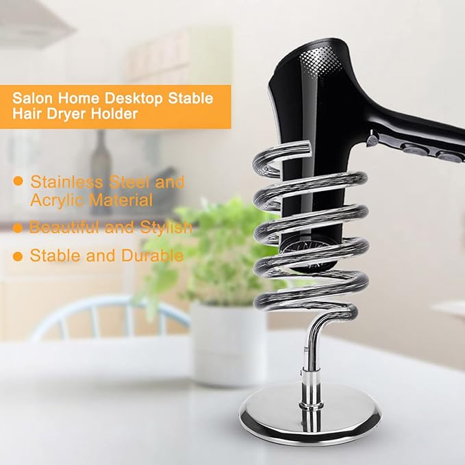 Hair Dryer Holder Countertop, Acrylic Hair Dryer Stand with Stainless Steel Base, Countertop Spiral Blow Dryer Holder Hair Tool Organizer for Bathroom, Vanity, Salon, Home