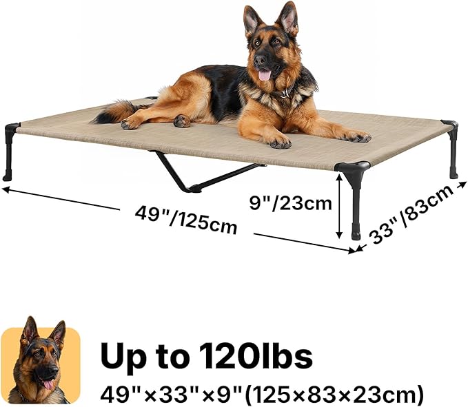 Veehoo Outdoor Elevated Dog Bed for Large Dogs, Cooling Raised Dog Cot Off Ground Hammock Pet Beds with Breathable Mesh, No-Slip Feet, 50"x32", Beige Coffee