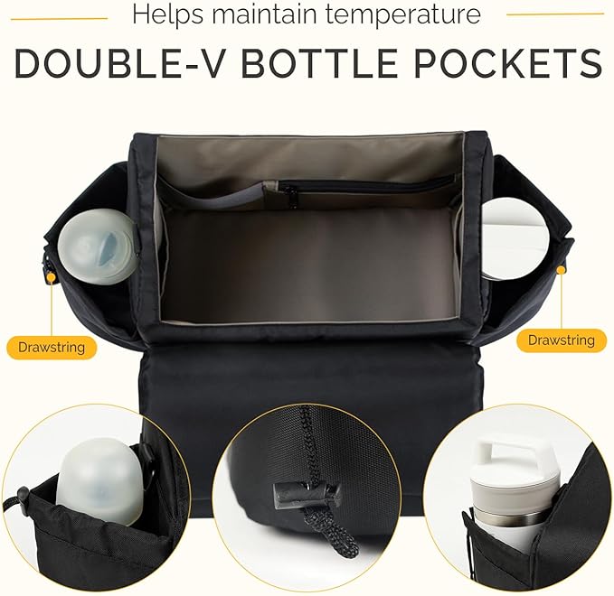 VERAVIE One Hand Stroller Caddy Organizer, Universal Cup Holder & Phone Holder for Stroller, Double Stroller Organizer, Magnetic Closure, Detachable Shoulder Strap, Wonderfold Wagon & Pet Stroller