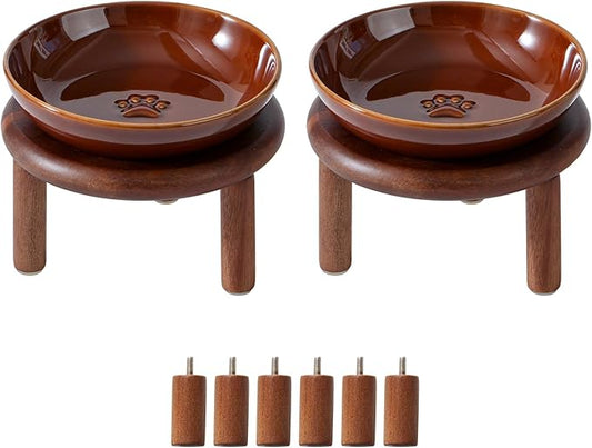 Havniva Elevated Cat Bowls Raised Ceramic Cat Bowl, 5.9” Wide Opening Cat Food Bowl Whisker Friendly Cat Dish Anti-Slip with Wood Stand, Shallow Pet Food & Water Bowl for Indoor Cats