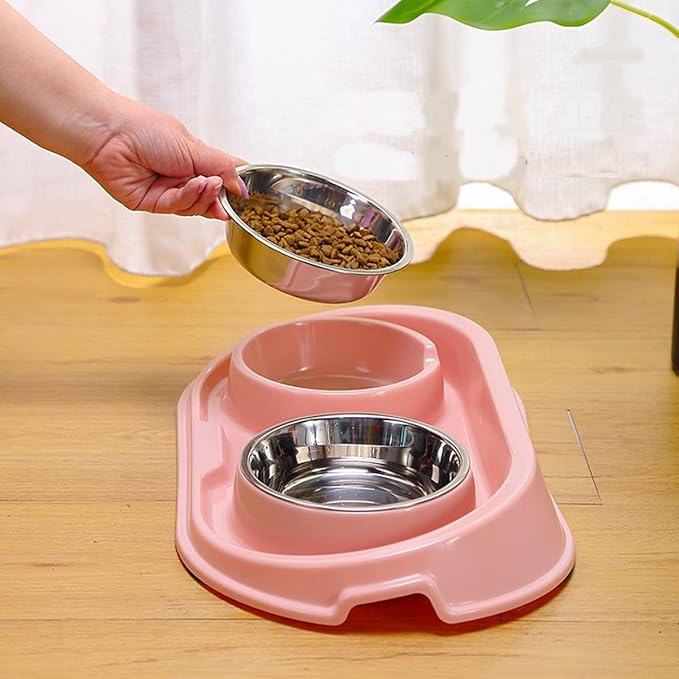 Double Dog Cat Food Bowls, Stainless Steel Pet Bowls Dog Water Bowls with No-Spill and Non-Skid PP Station, Food Water Feeder for Cats and Small Dogs