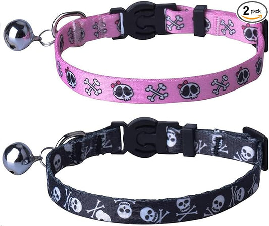 PUPTECK Cat Collar Breakaway with Bells, Kitten Collar Outfit Adjustable for Girl Boy Small Pet Puppy Bunny, Cute Costume Accessory with Safety Release Buckle (Skull)