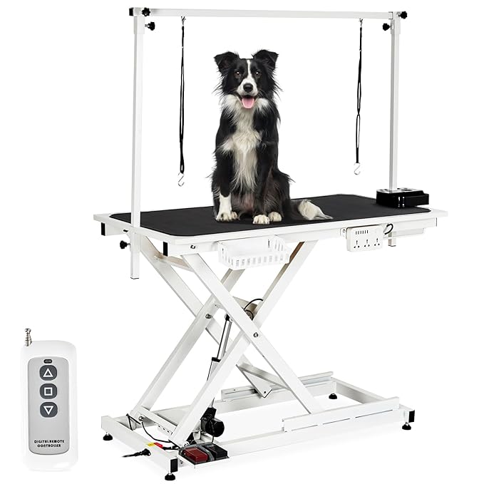 GarveeHome 50" Dog Grooming Table, Electric Hydraulic Grooming Table with Aluminium Overhead Arm, Anti Slip Tabletop, 6 USB Ports for Large Dogs At Home and Salon, Maximum Capacity Up to 300Lb, White