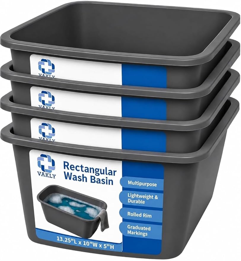 Vakly Wash Basins – Rectangular Plastic Hospital Bedside Soaking Tub (Pack of 4) Small 7 Qt Graduated Bucket - Portable Washbasin for Washing, Cleaning, Foot Bath, Dishes, Face Cleansing Bowl (4)