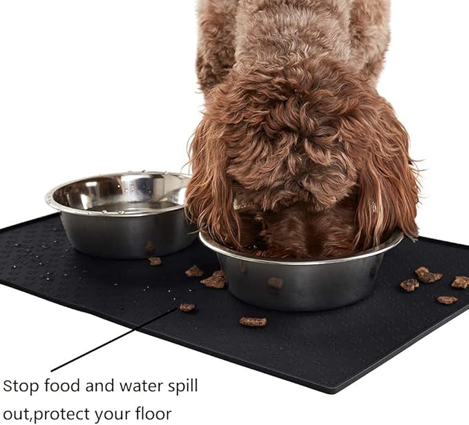 Cat Dog Food Mat Silicone Pet Feeding Mat Waterproof & Non Slip Pet Bowl Placement Tray to Prevent Food Spills and Water Messes Out to Floor(Black)