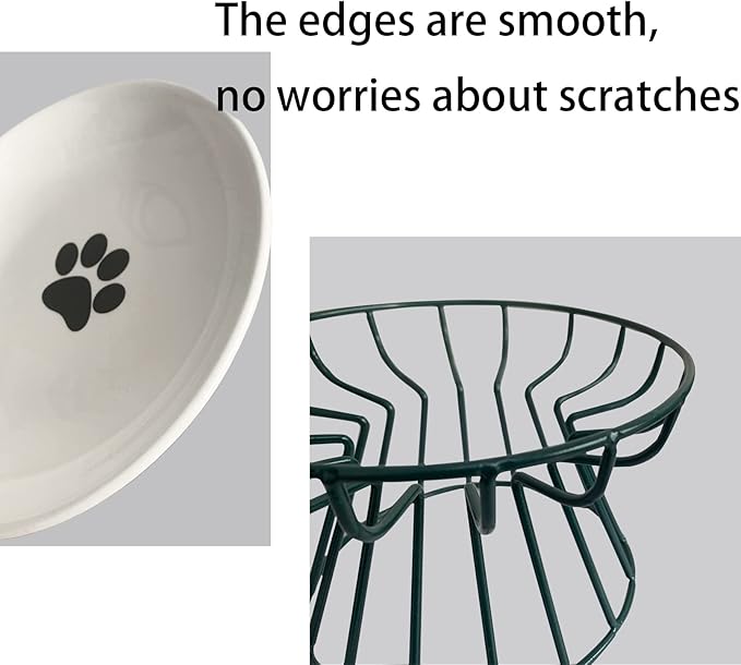Ceramic Cat Bowls with Metal Stand,Elevated Cat Bowl Raised Kitten Food&Water Feeding Shallow Dish for Indoor Cats,Puppies,Small Dogs(Green)