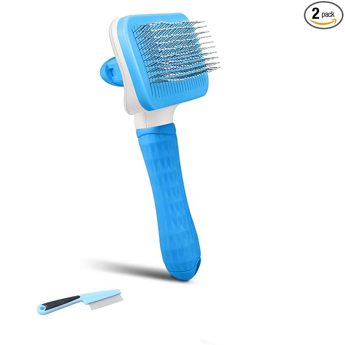 Dog & Cat Brush Kit 2PCS, Self Cleaning Slicker Brush for Pets, Upgraded Dog Brush for Shedding Massaging and Grooming, Removes Loose Undercoat & Portable Comb for Long Short Haired Dogs