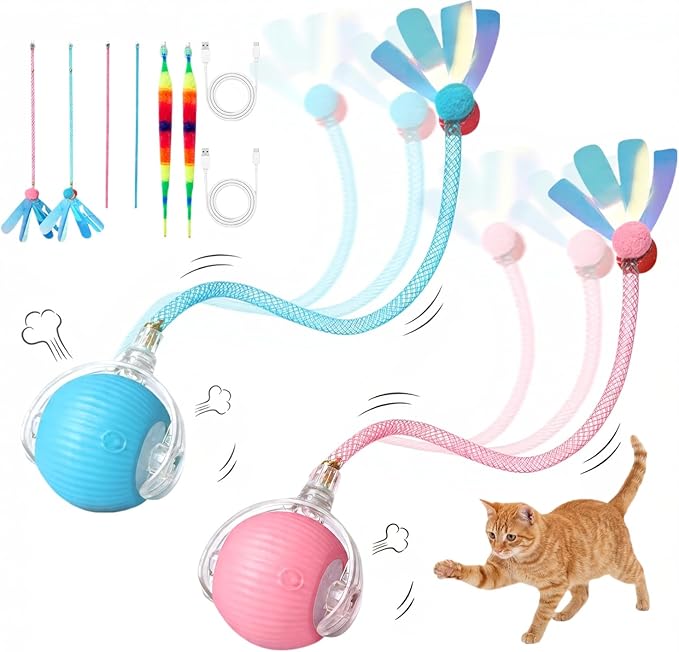 Rechargeable Smart Rolling Cat Ball, Automatic Interactive Cat Toy with 3 Modes, LED Light & 3 Replaceable Accessories, Indoor Cat Exercise Toy for Kittens & Adult Cats, for Boredom Relief pink+blue