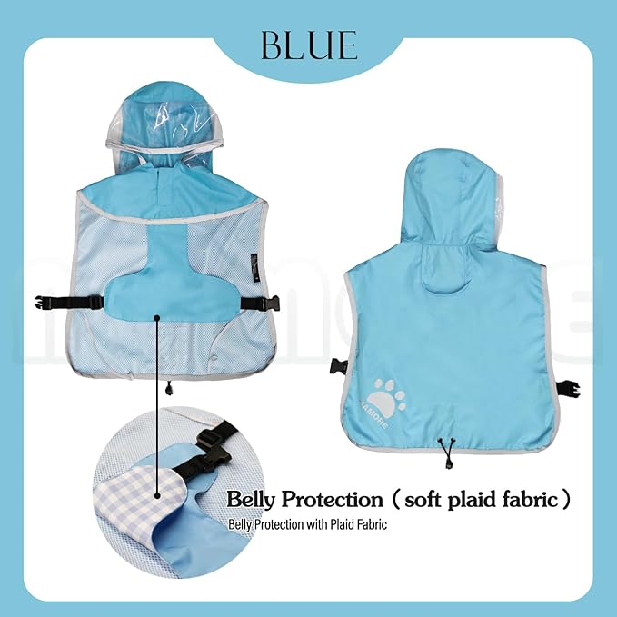 MAMORE Dog Raincoat Hooded Rain Jacket for Small Medium Large Dogs Slicker Poncho Bottom Waterproof Adjustable Reflective Breathable Leash Hole (Blue, XX-Large)
