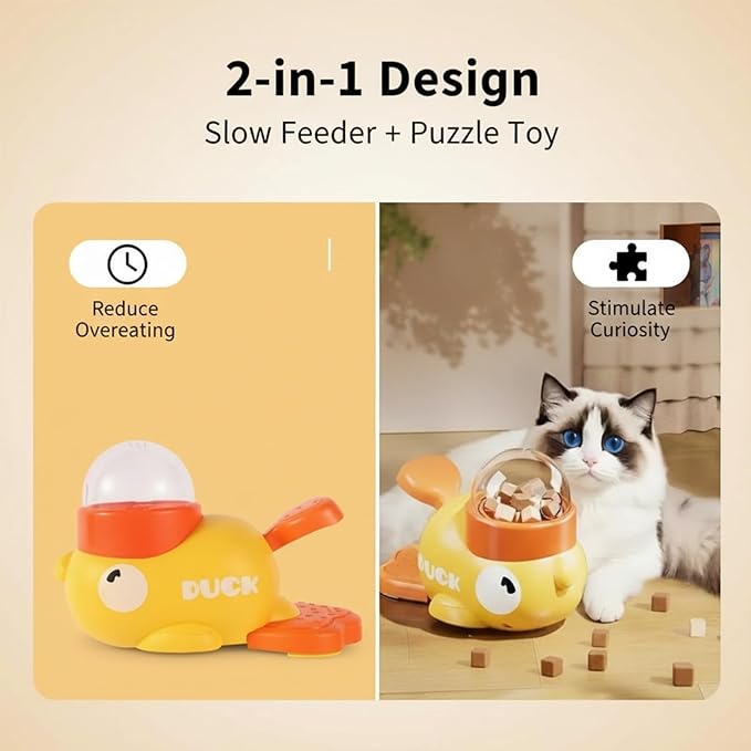 2-in-1 Duck-Shaped Interactive Slow Feeder Puzzle Toy – Pet Treat Dispenser for Dogs & Cats, IQ Training to Reduce Bloating & Boredom (Small/Medium Pets)