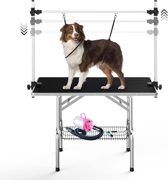 Dog Grooming Table, Adjustable Large Pet Drying Desktop, Foldable Bathing Desk with Arms, Noose, Mesh Tray, Maximum Capacity Up to 330Lb, 42in, Black