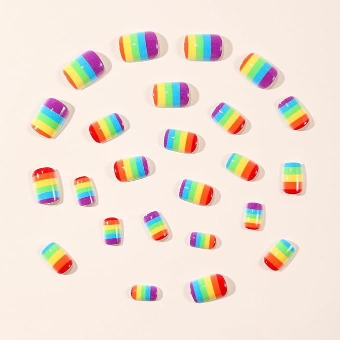 yefiuo Summer Press on Nails Short Square Stripe Multicolor Fake Nails Press ons Acrylic False Nails Glue on Nails Reusable Nail Tips Kit Full Cover Stick on Nail Supplies for Women Girls 24Pcs