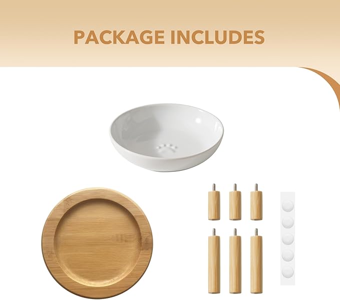 Havniva Elevated Cat Bowls Raised Ceramic Cat Bowl, 5.9” Wide Opening Cat Food Bowl Whisker Friendly Cat Dish Anti-Slip with Bamboo Stand, Shallow Pet Food & Water Bowl for Indoor Cats