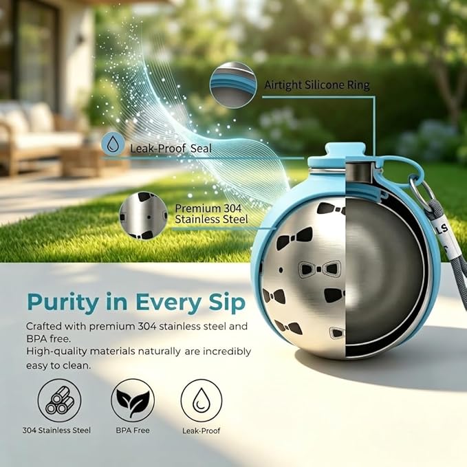 Leak-Proof Dog Water Bottle Portable, 2 in 1 Pet Travel Dispenser with Wide Bowl for Dogs, Stainless Steel No-Spill Doggy Water Cup & Silicone Trough for Walking, Hiking & On The Go