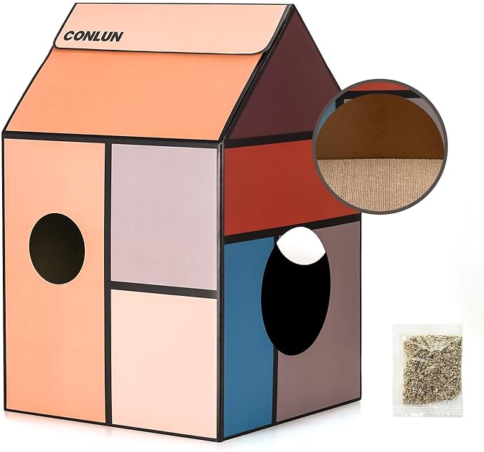 Conlun Cardboard Cat House with Scratch Pad & Catnip, Cat Play Scratching House for Indoor Hideaway Furniture, Heavy Duty Sturdy Cardboard Scratcher, Easy to Assemble Birthday Gift, Medium