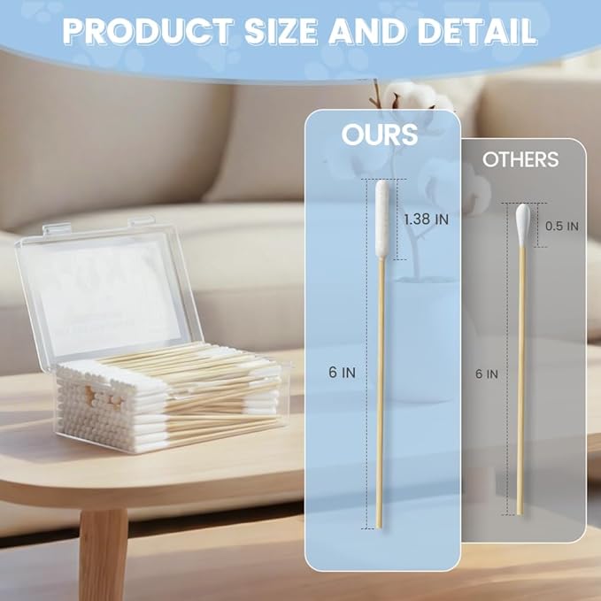 100 Pcs Dog Ear Swabs - 6 Inch Long Cotton Swabs with Absorbency Soft Cotton Tips for Dog Ear Cleaning, Sturdy Bamboo Sticks & Gentle and Lint-Free - Ideal for Pet Cleaning Solution